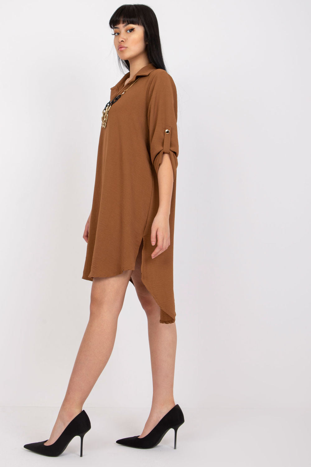 Italy Moda Brown Collared Long Sleeve Dress - view 2