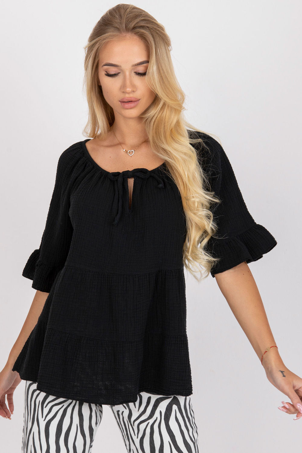 Och Bella Black Loose Fit Short Sleeve Blouse