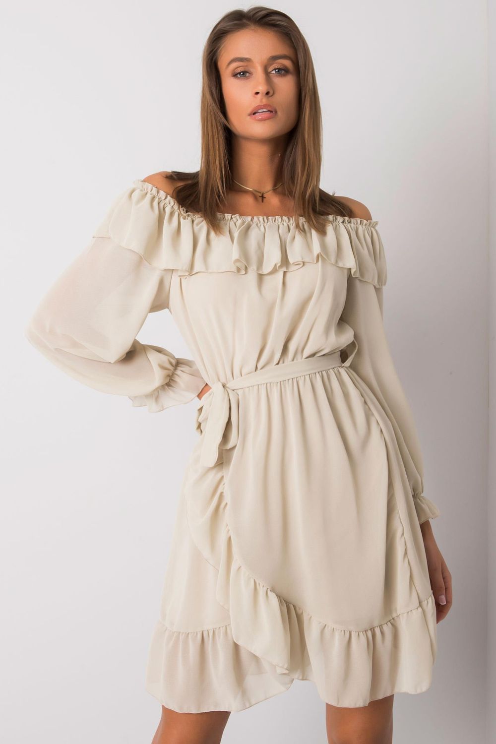 Och Bella Beige Long Sleeve Dress