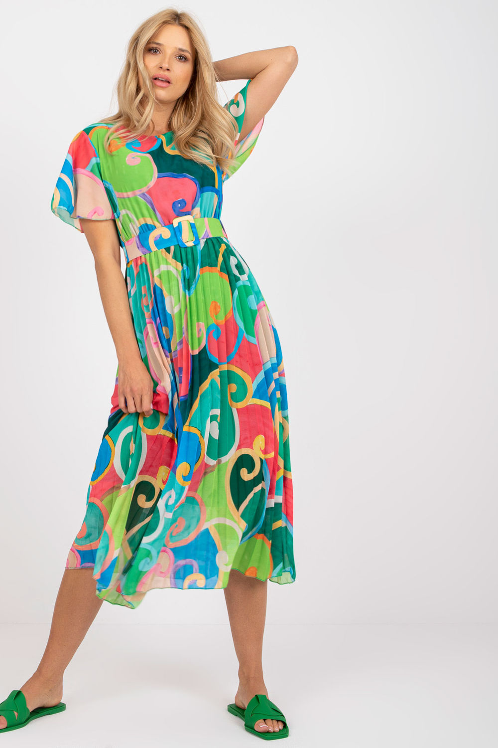 Italy Moda Green Polyester Flared Short Sleeve Dress