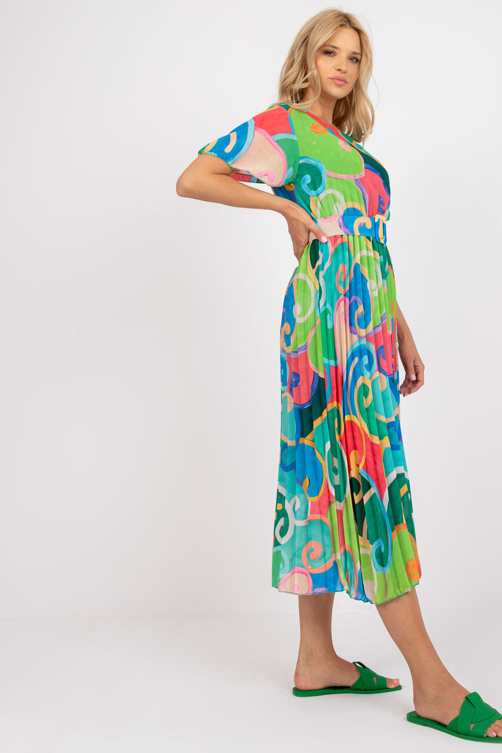 Italy Moda Green Polyester Flared Short Sleeve Dress - view 3