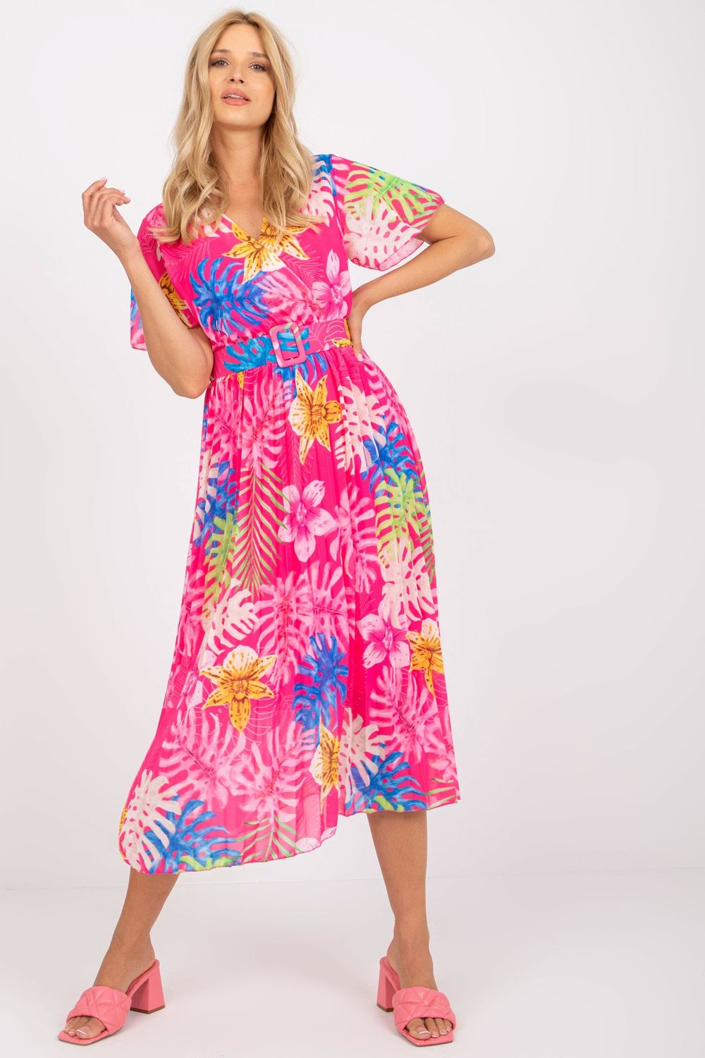 Italy Moda Pink Polyester Wrap Short Sleeve Dress
