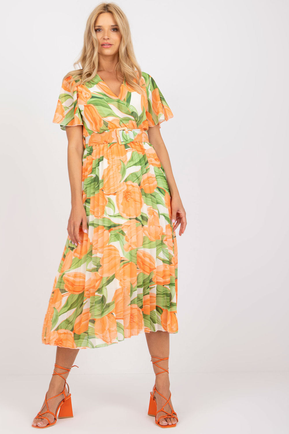 Italy Moda Orange Polyester Wrap Short Sleeve Dress