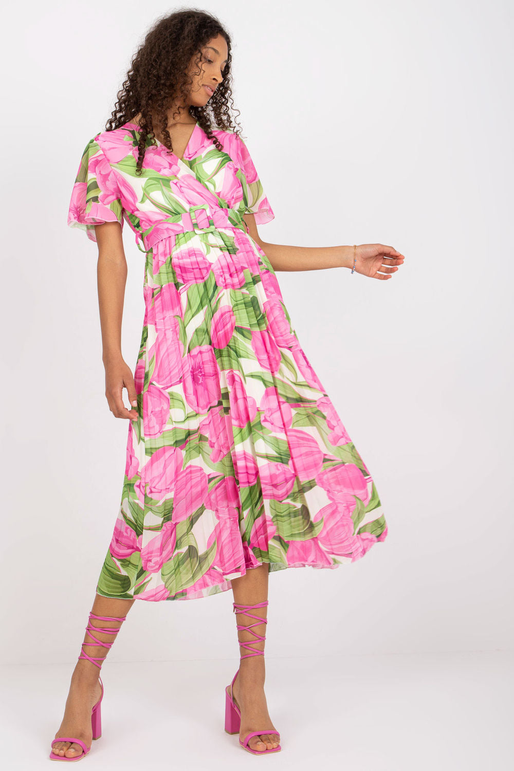 Italy Moda Pink Polyester Wrap Short Sleeve Dress with Belt