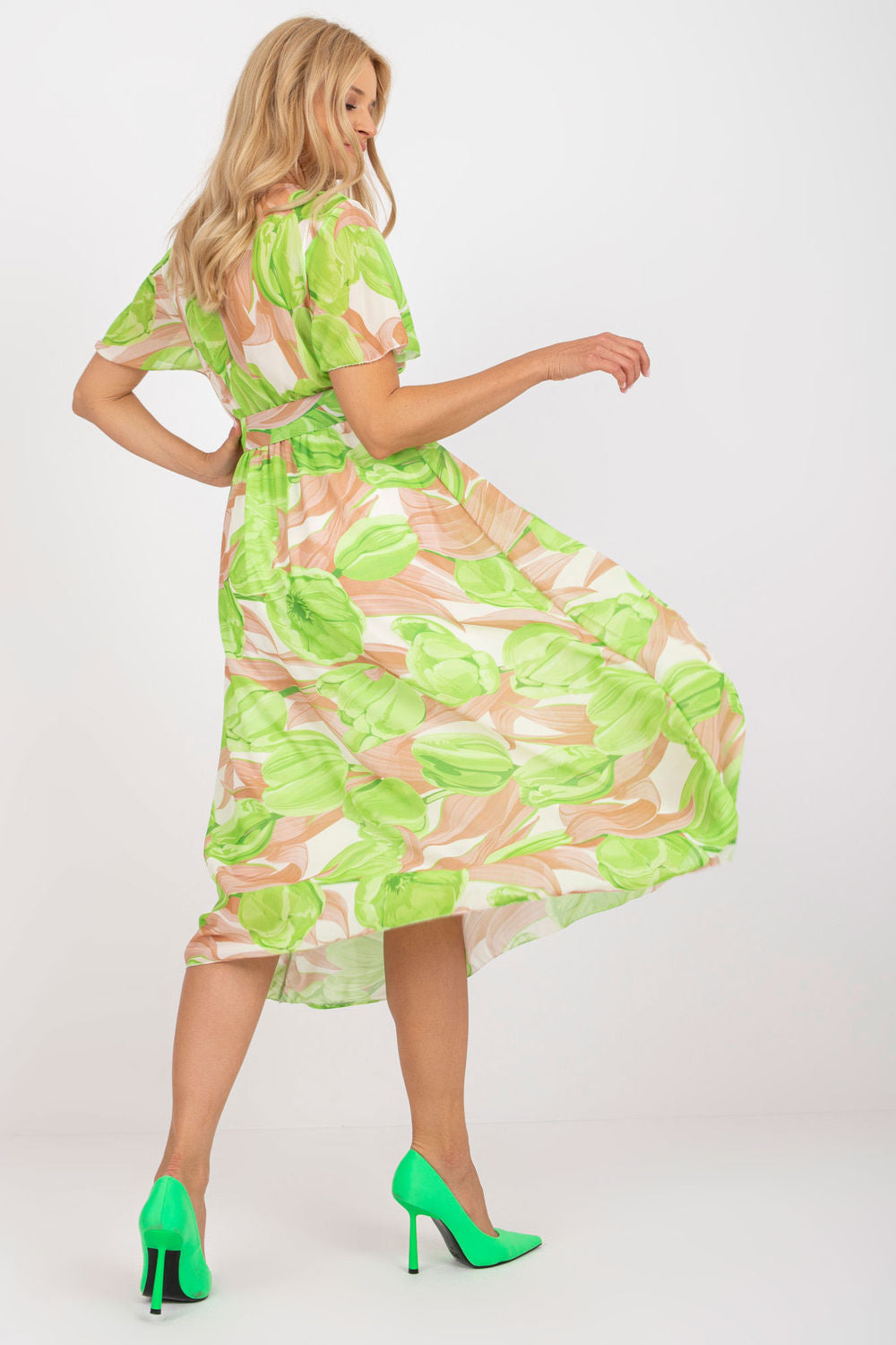 Italy Moda Light Green Polyester Wrap Short Sleeve Dress