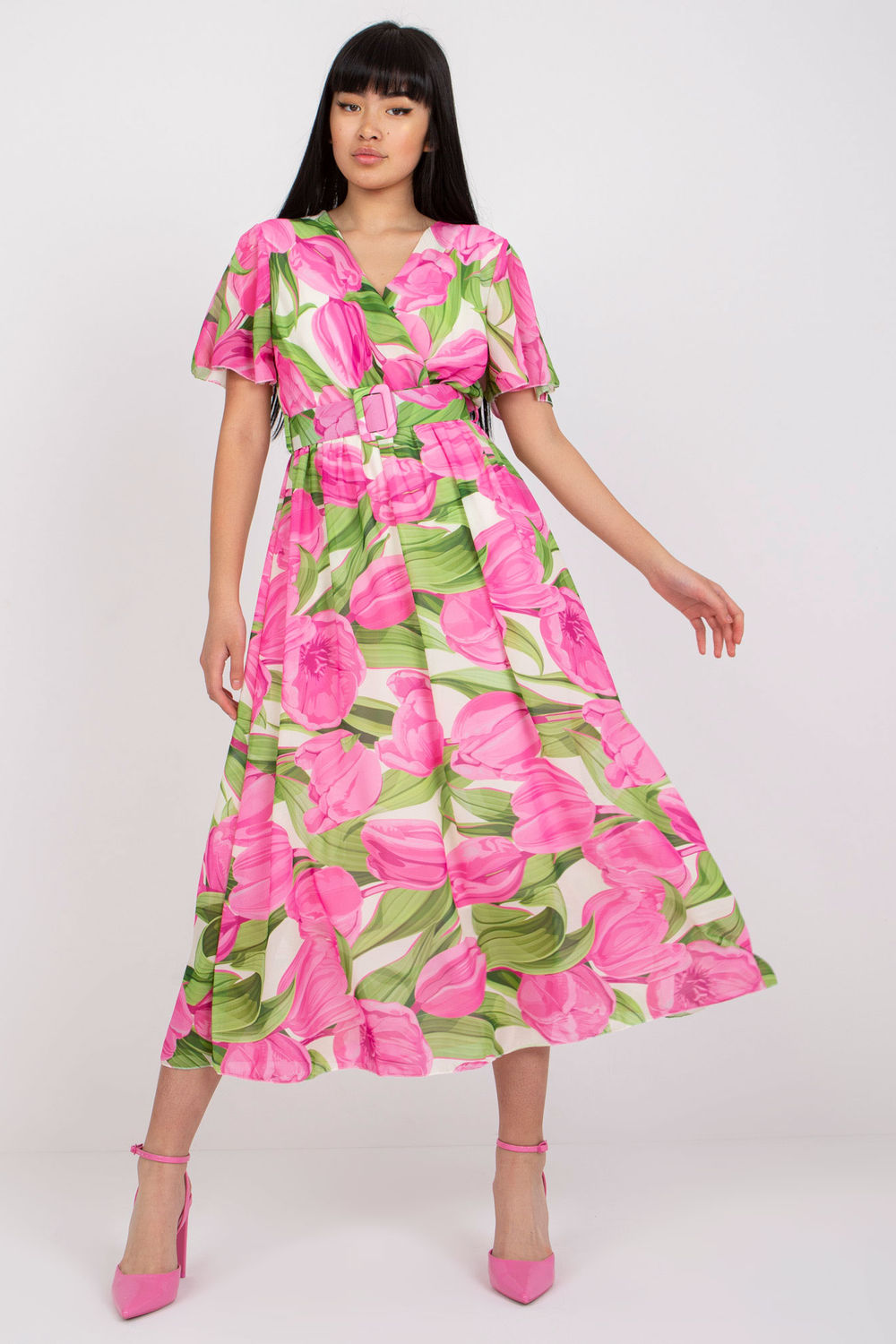 Italy Moda Pink Wrap Short Sleeve Dress with Belt