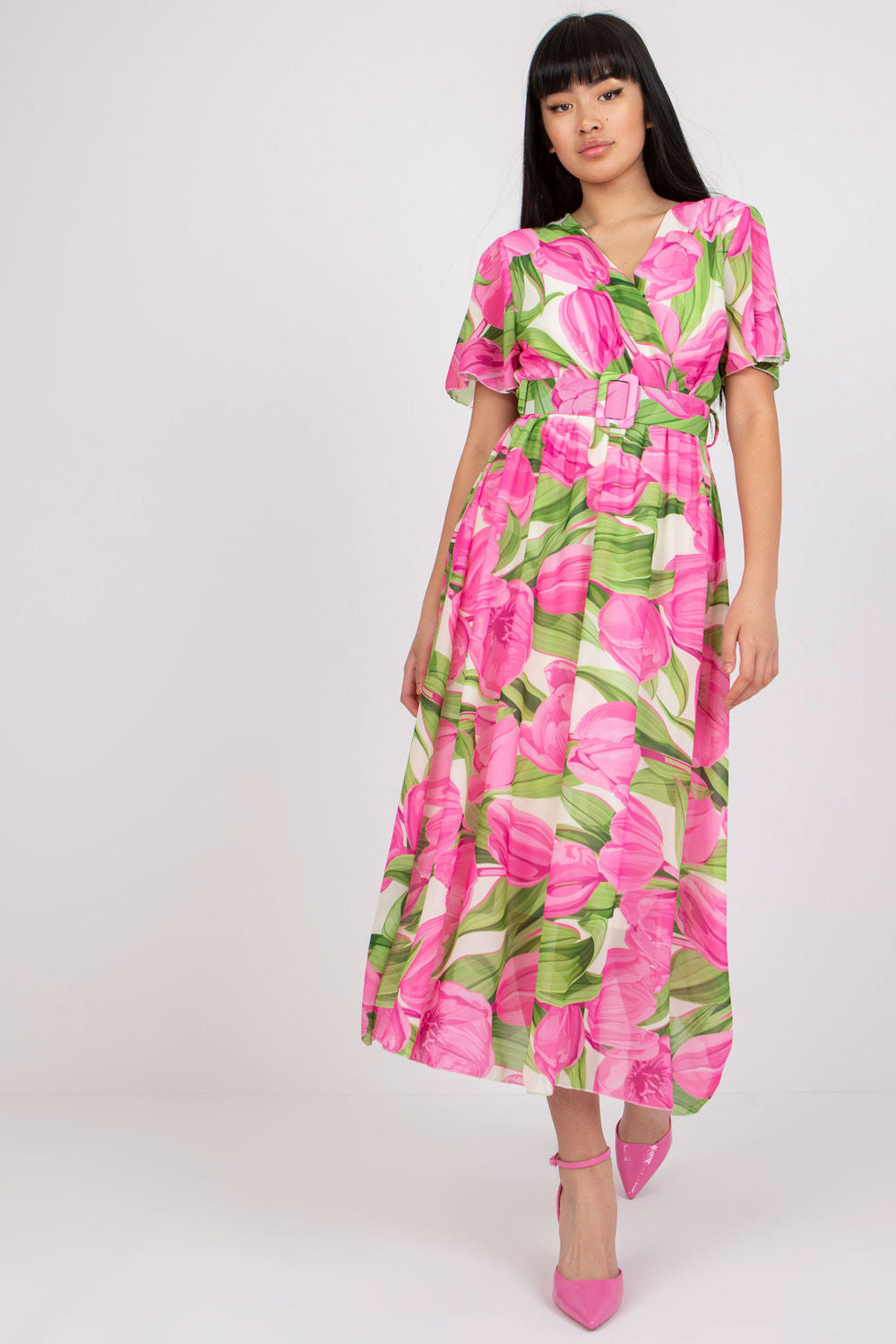 Italy Moda Pink Wrap Short Sleeve Dress with Belt - view 2