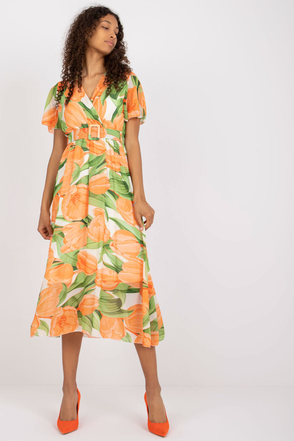 Italy Moda Orange Polyester Wrap Short Sleeve Dress with Belt