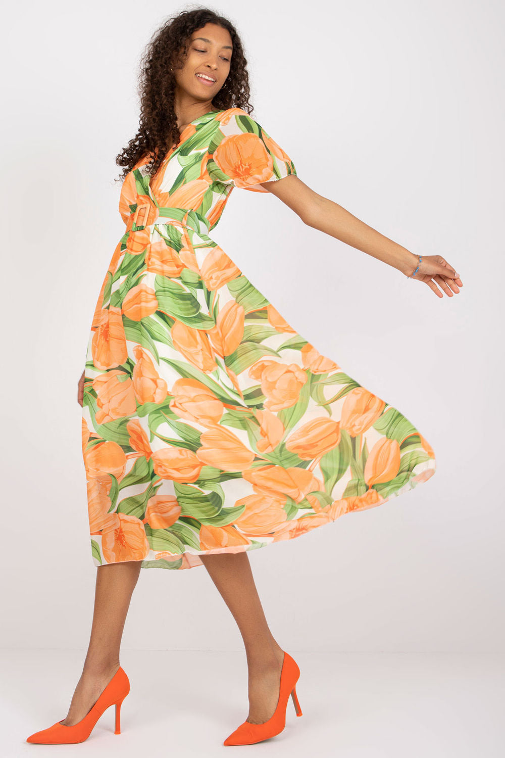 Italy Moda Orange Polyester Wrap Short Sleeve Dress with Belt - view 2