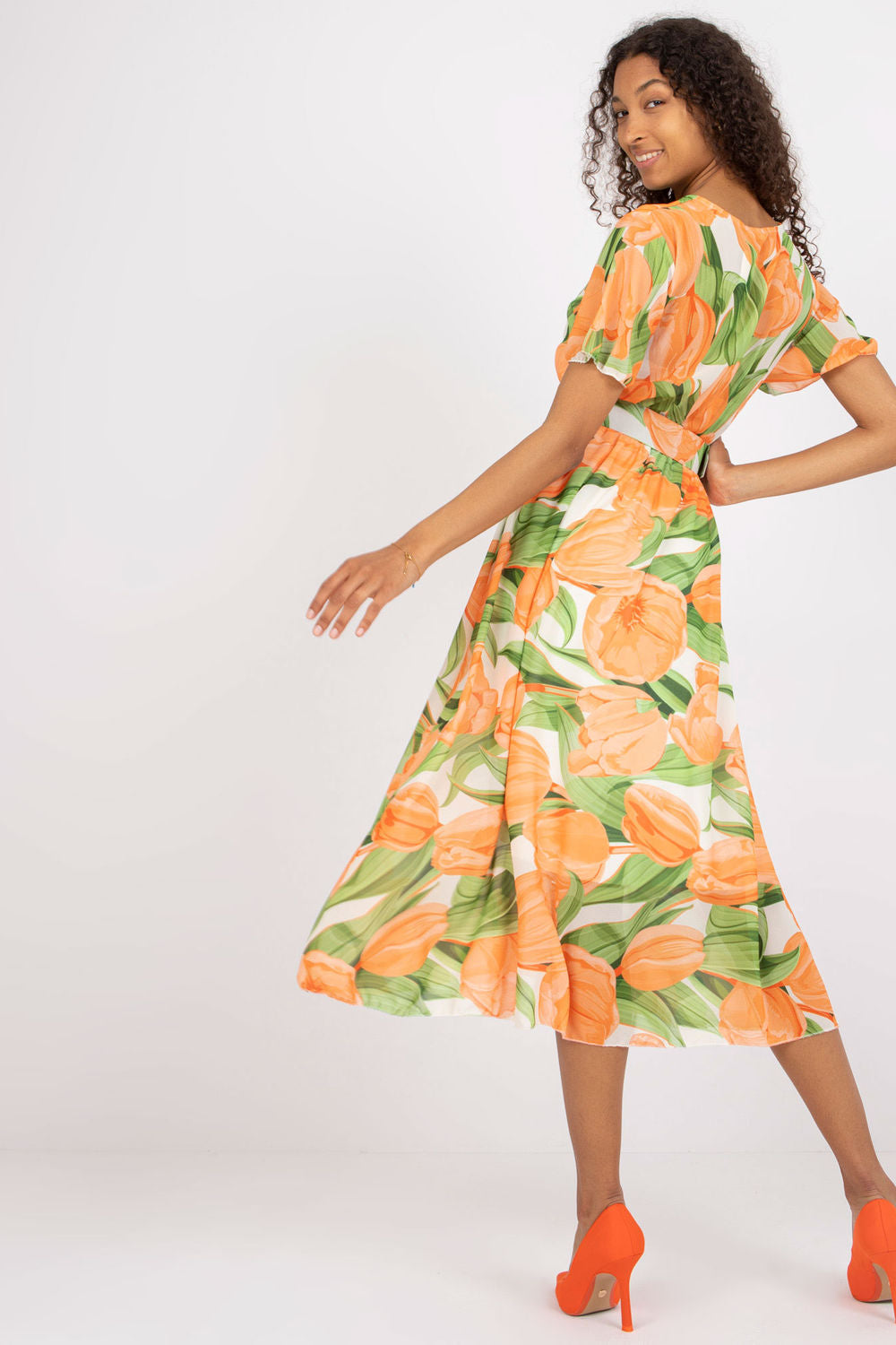 Italy Moda Orange Polyester Wrap Short Sleeve Dress with Belt - view 3