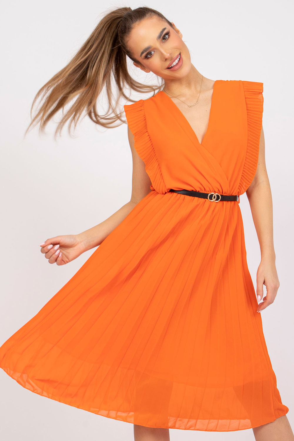 Italy Moda Orange Polyester Pleated Short Sleeve Dress