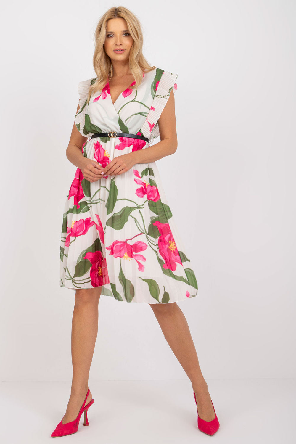Italy Moda Beige Pleated Short Sleeve Dress
