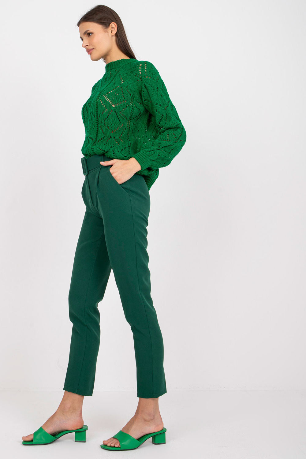 Italy Moda Dark Green High Waisted Trousers - view 2