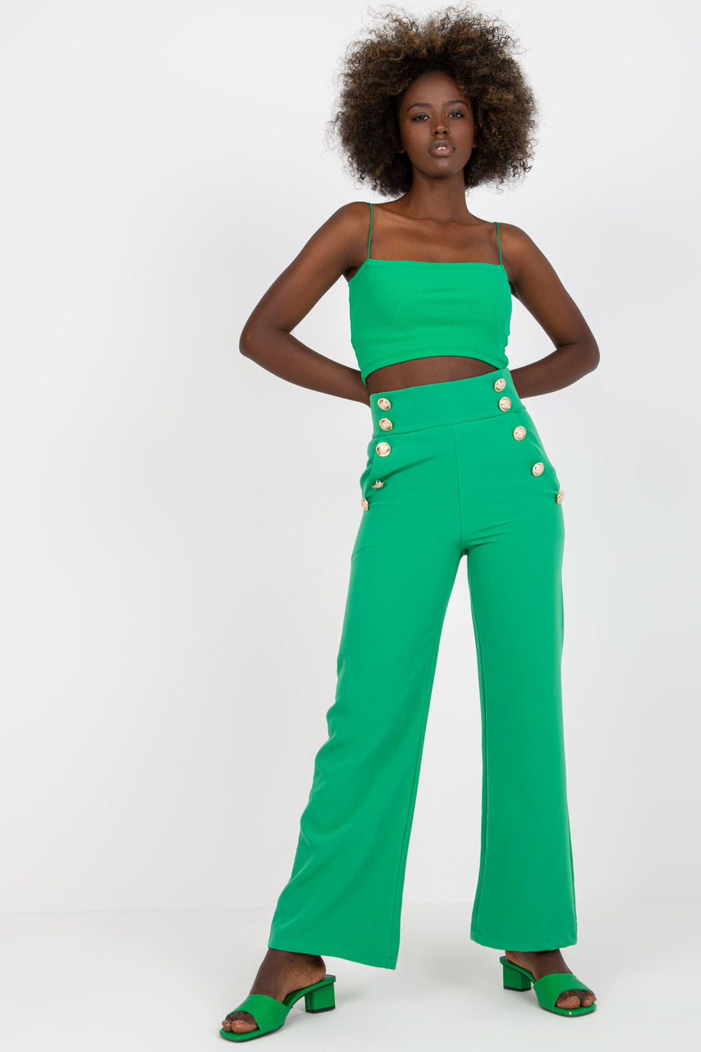 Italy Moda Green Polyester High Waisted Trousers
