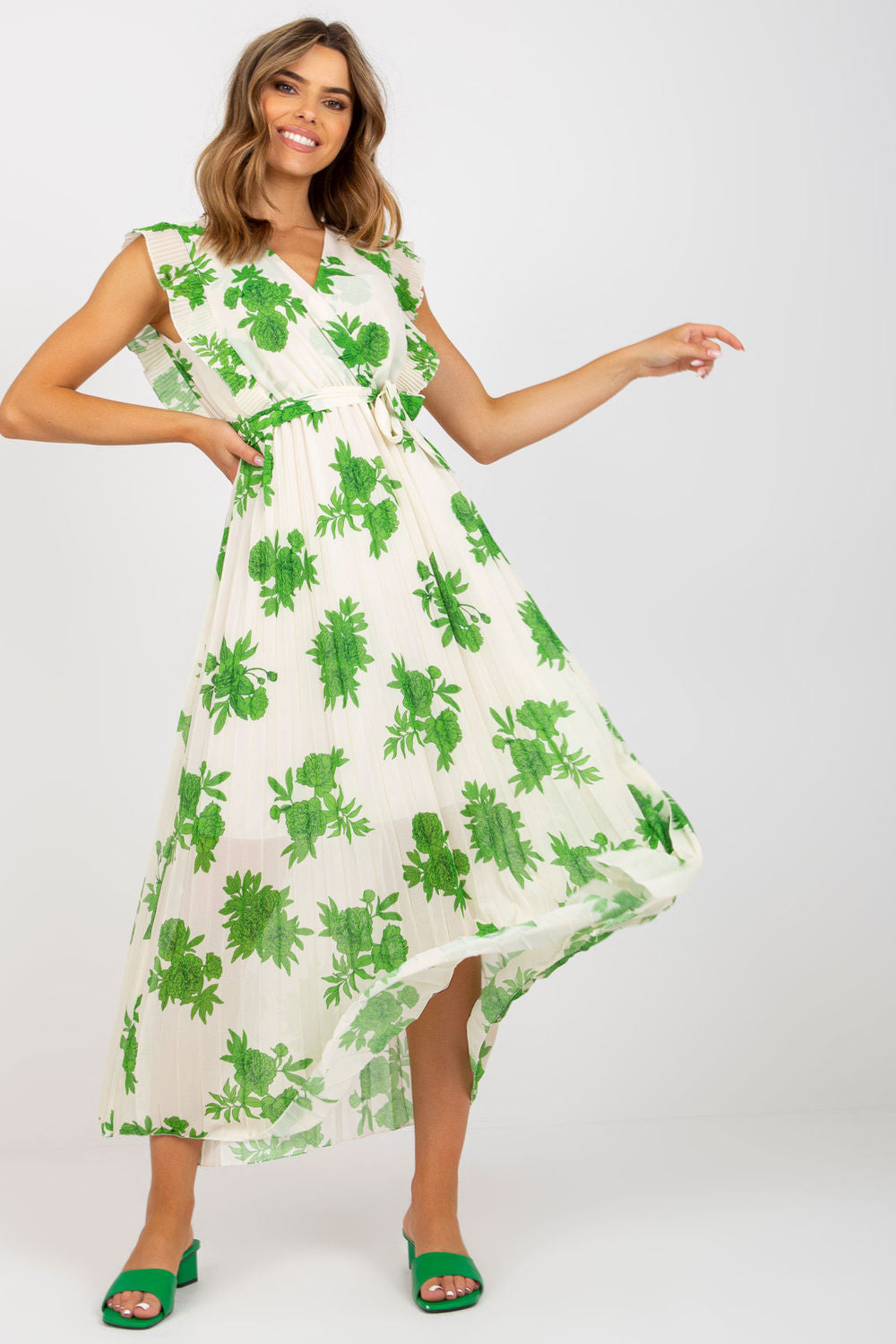 Italy Moda Green Polyester Pleated Short Sleeve Dress - view 3