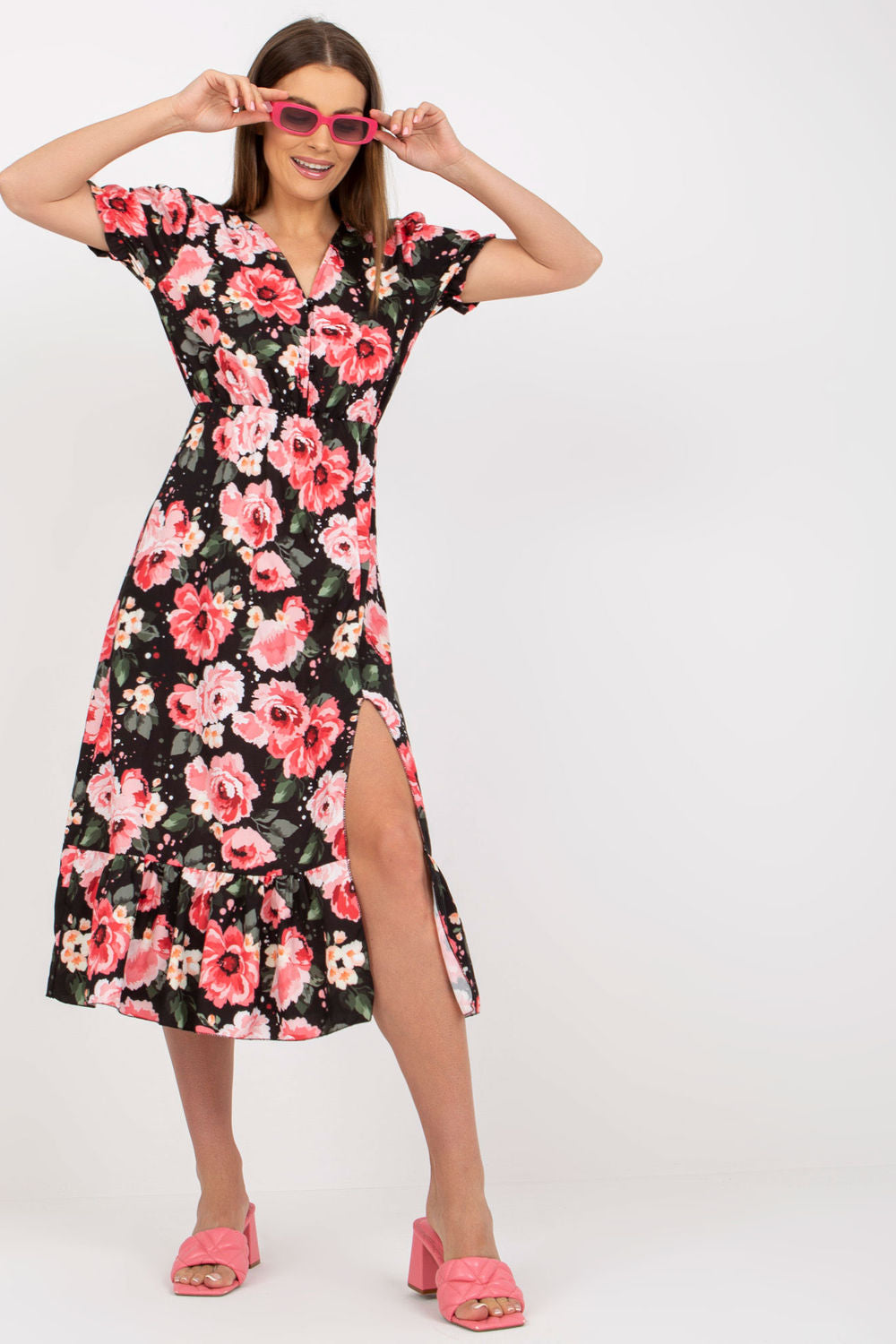 Italy Moda Red Button Front Floral Short Sleeve Dress - view 2