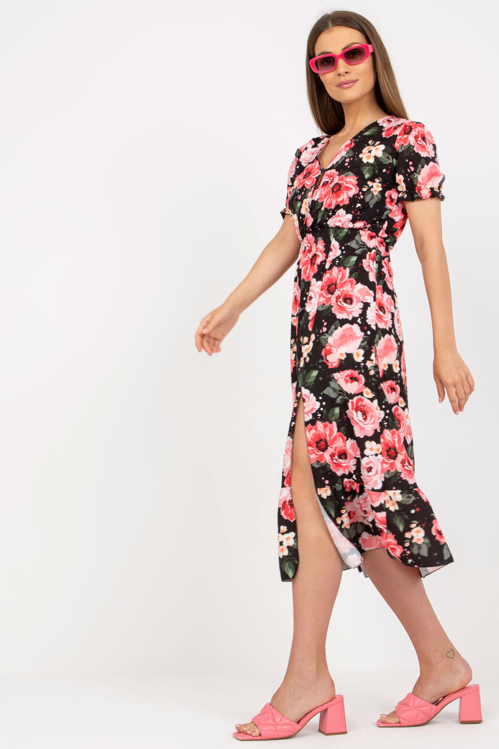 Italy Moda Red Button Front Floral Short Sleeve Dress - view 3