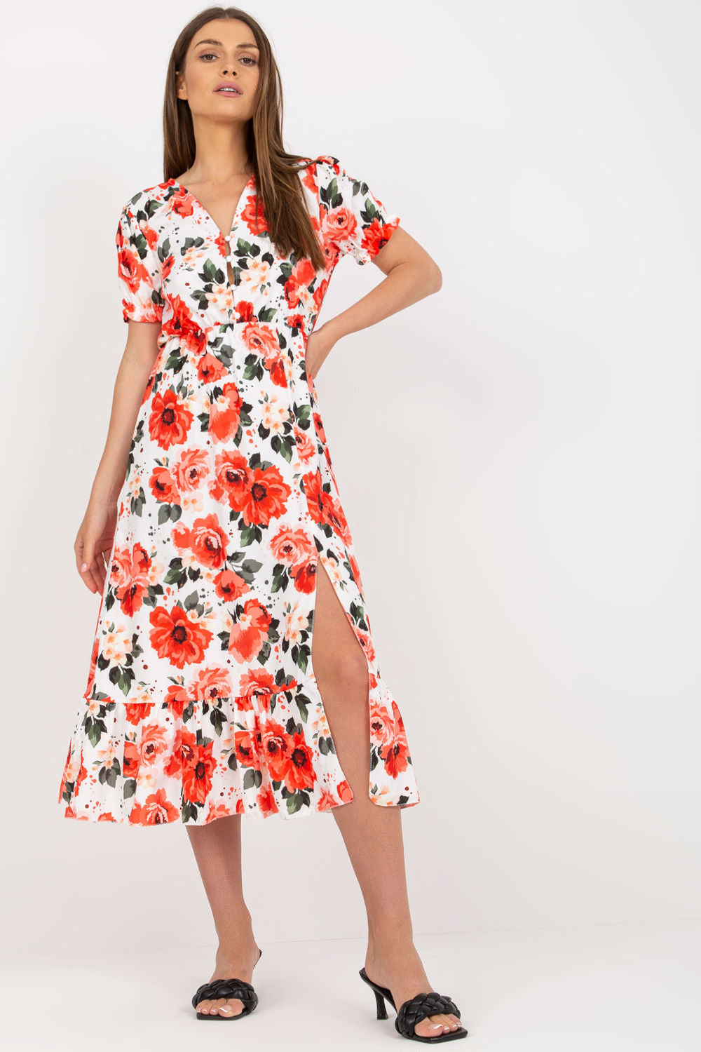 Italy Moda Red Floral Short Sleeve Dress