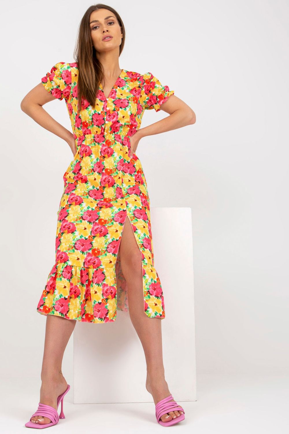 Italy Moda Yellow Floral Short Sleeve Dress