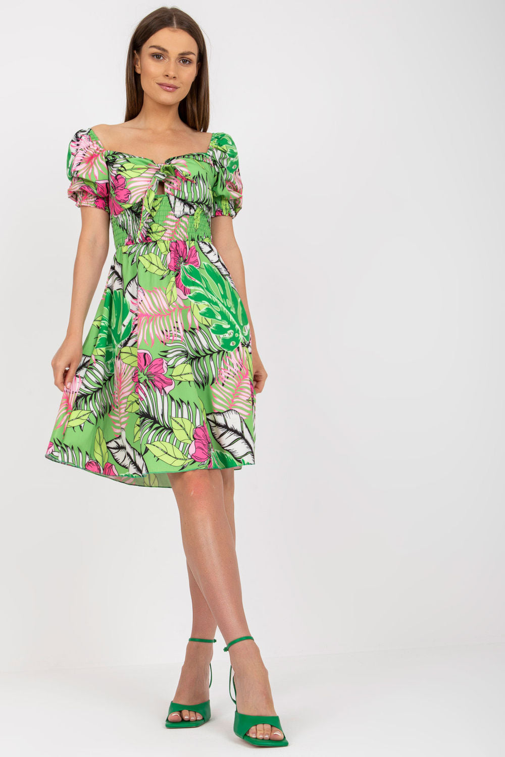 Italy Moda Green Pleated Short Sleeve Dress