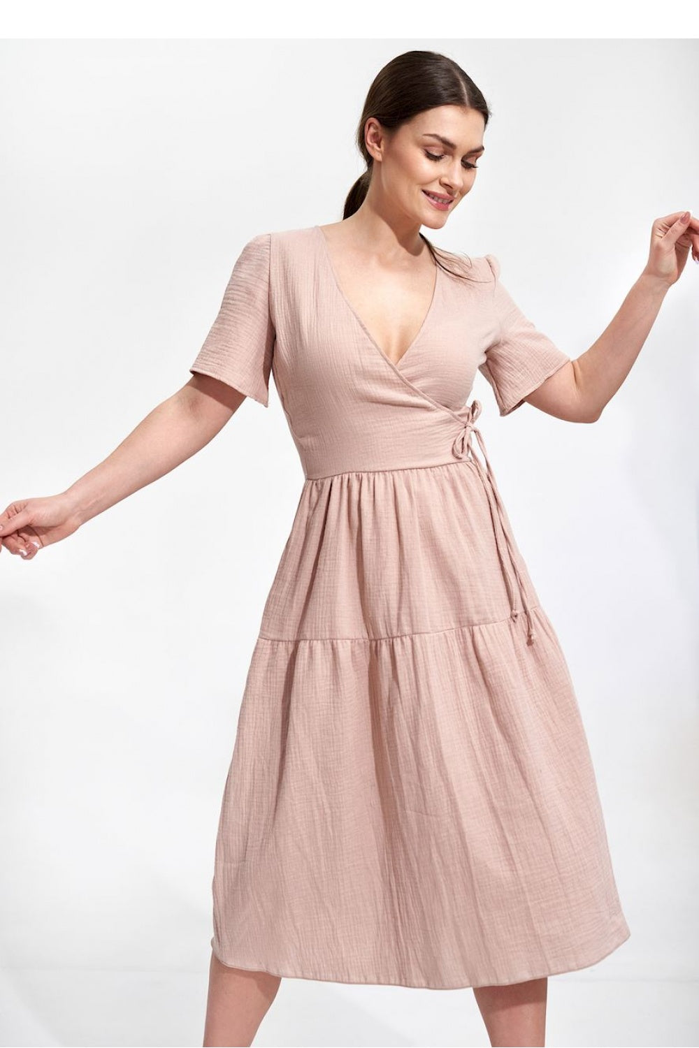 Figl Beige Midi Wrap Short Sleeve Dress