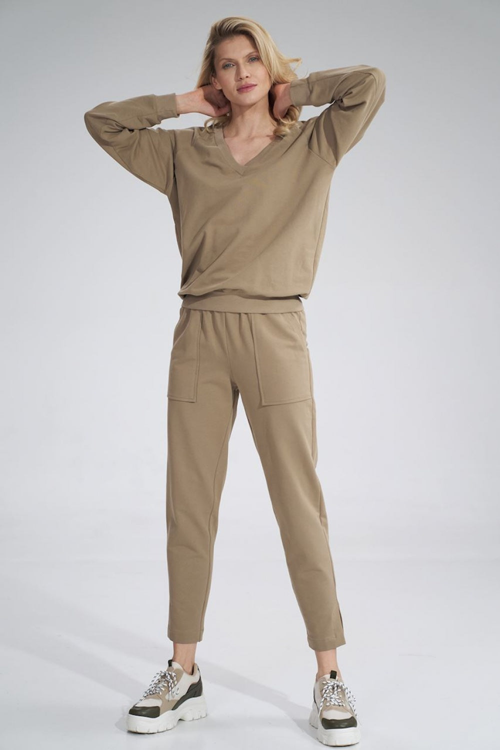 Figl Beige V-Neck Long Sleeve Sweatshirt - view 4