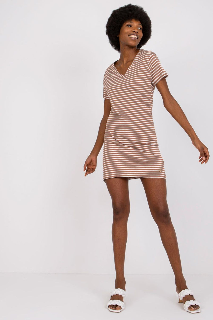 StitchandSoul Brown Striped Short Sleeve Dress