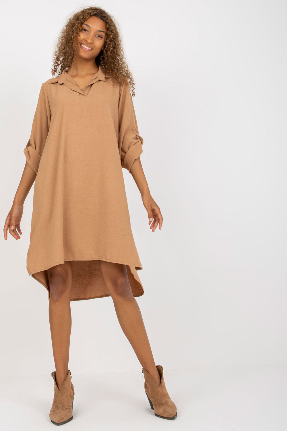 Italy Moda Camel V-Neck Long Sleeve Dress