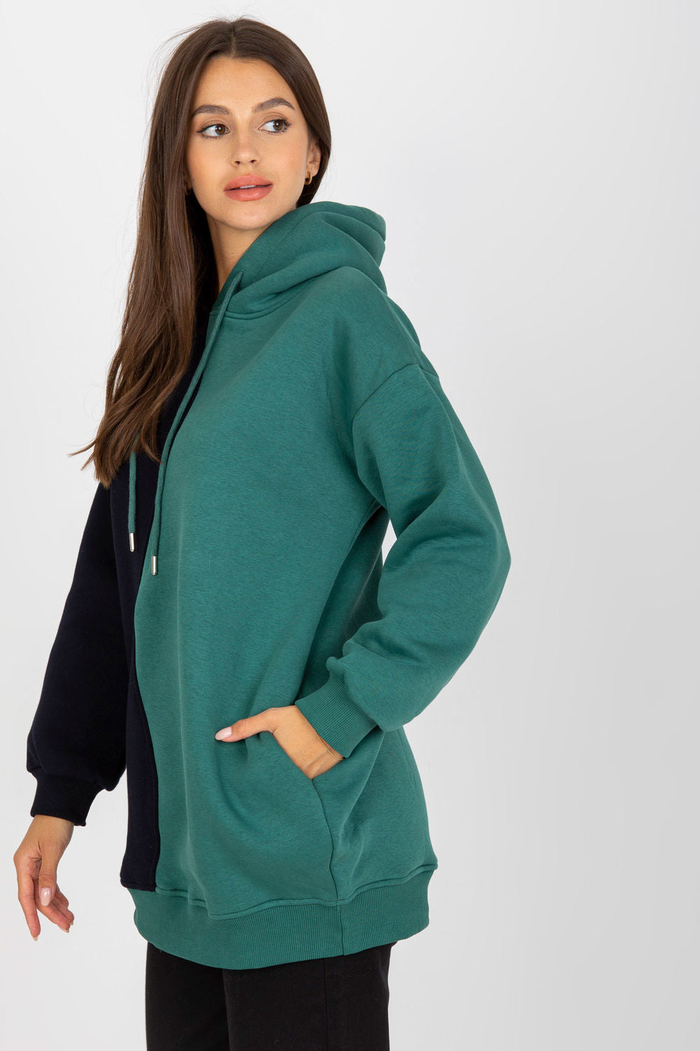 Rue Paris Green Cotton Hooded Long Sleeve Sweatshirt - view 2