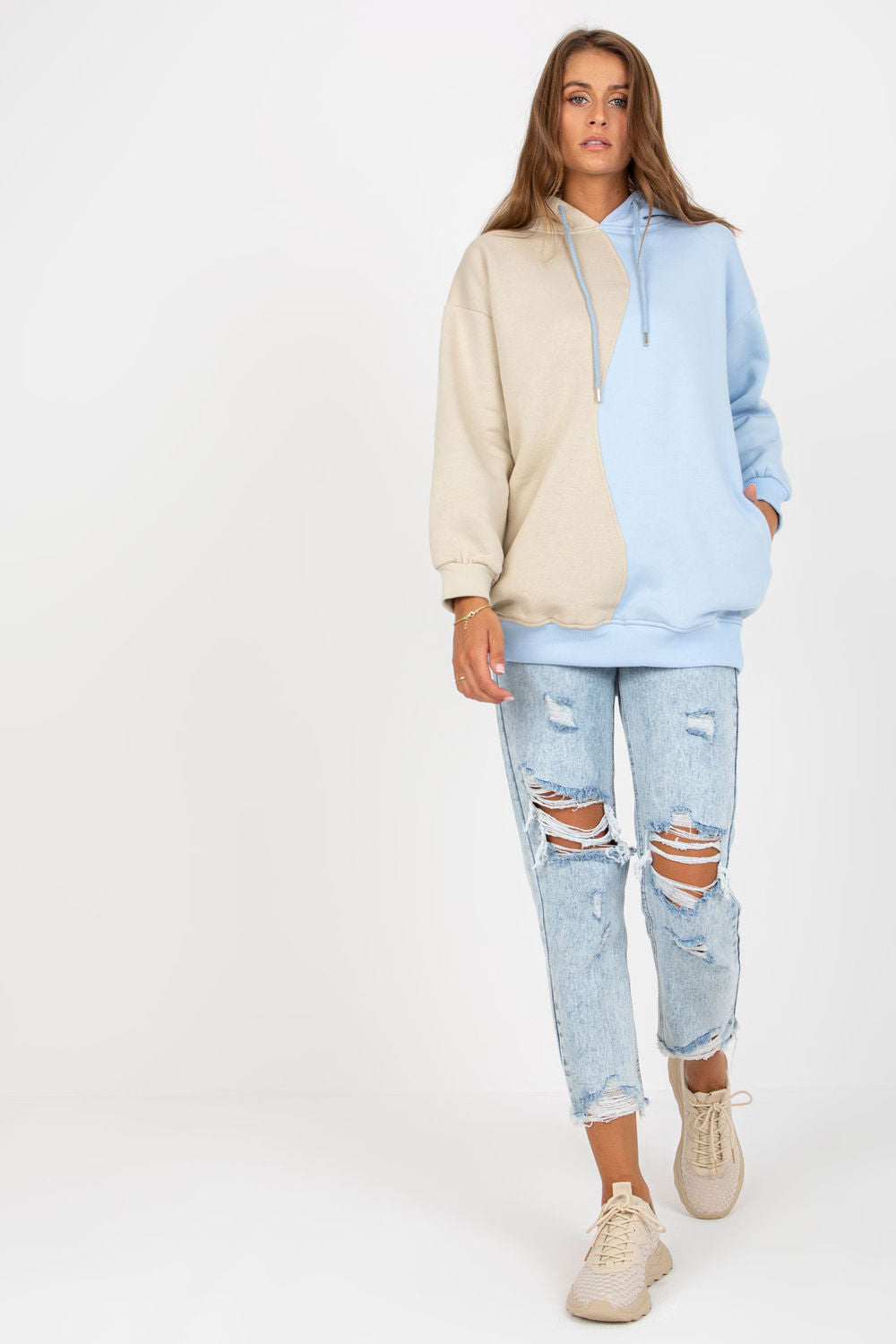Rue Paris Light Blue Cotton Hooded Long Sleeve Sweatshirt