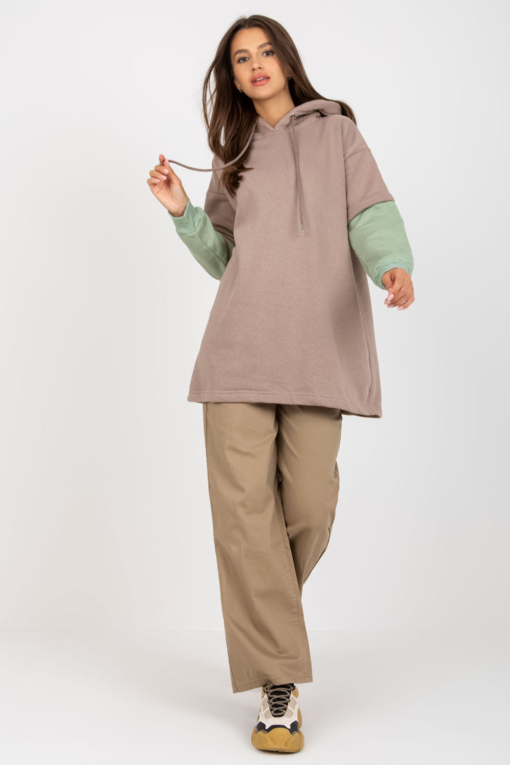 Rue Paris Dark Beige Hooded Long Sleeve Sweatshirt