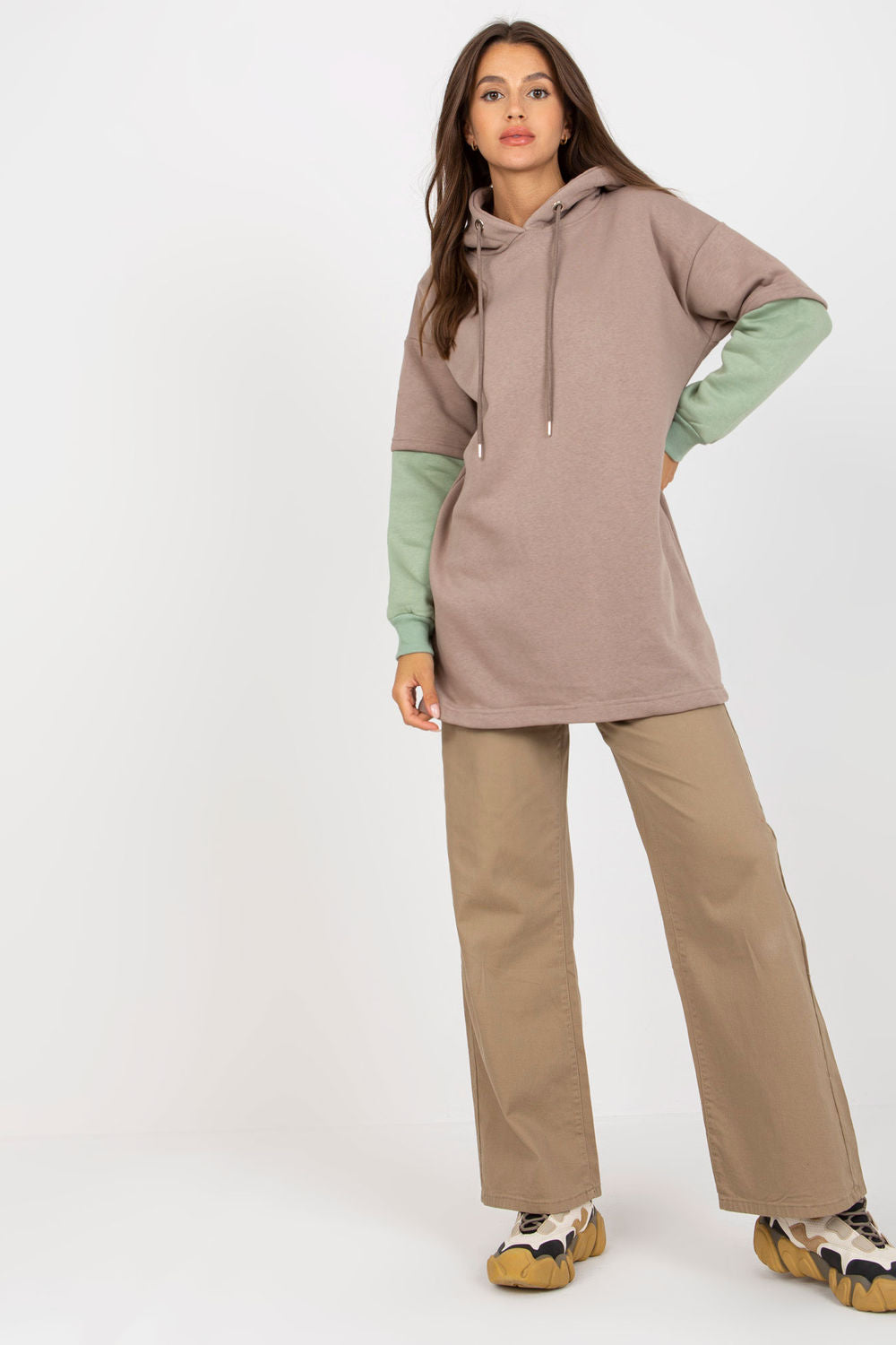 Rue Paris Dark Beige Hooded Long Sleeve Sweatshirt - view 2