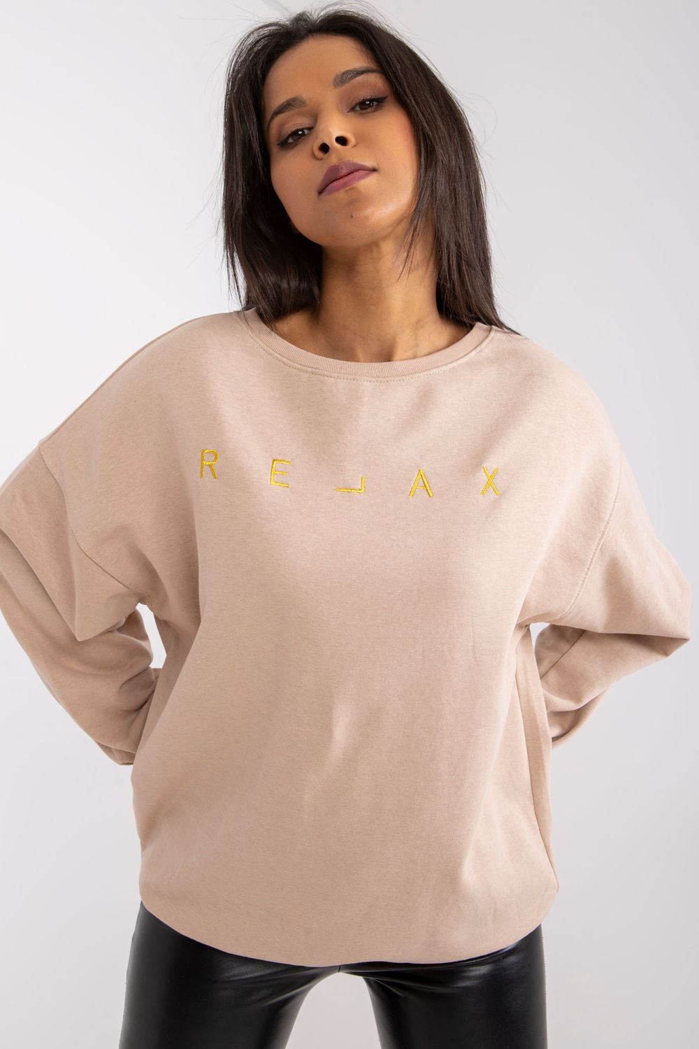 Ex Moda Beige Round Neck Long Sleeve Sweatshirt
