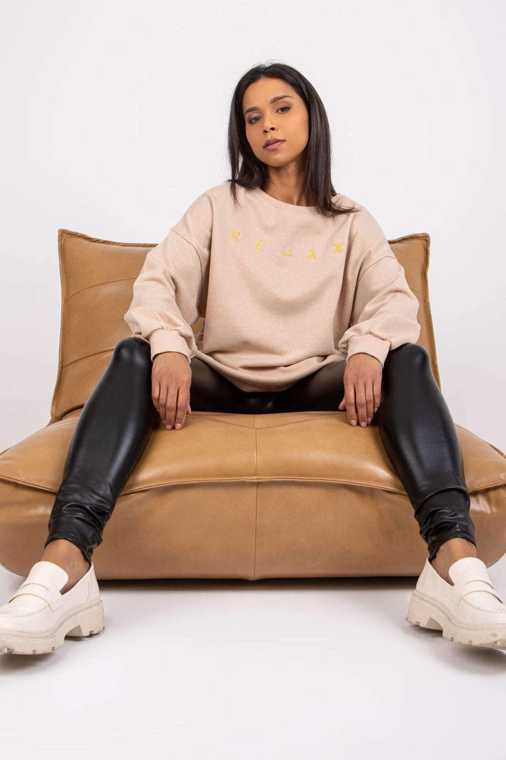 Ex Moda Beige Round Neck Long Sleeve Sweatshirt - view 2