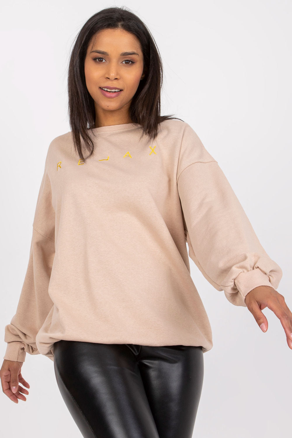 Ex Moda Beige Round Neck Long Sleeve Sweatshirt - view 3