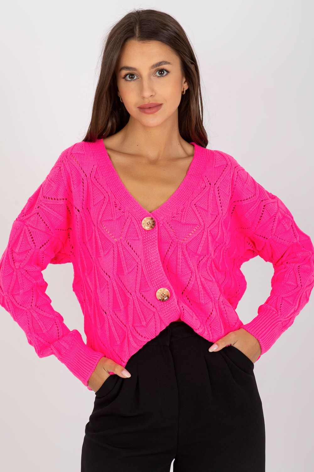 Rue Paris Neon Pink Openwork Long Sleeve Cardigan