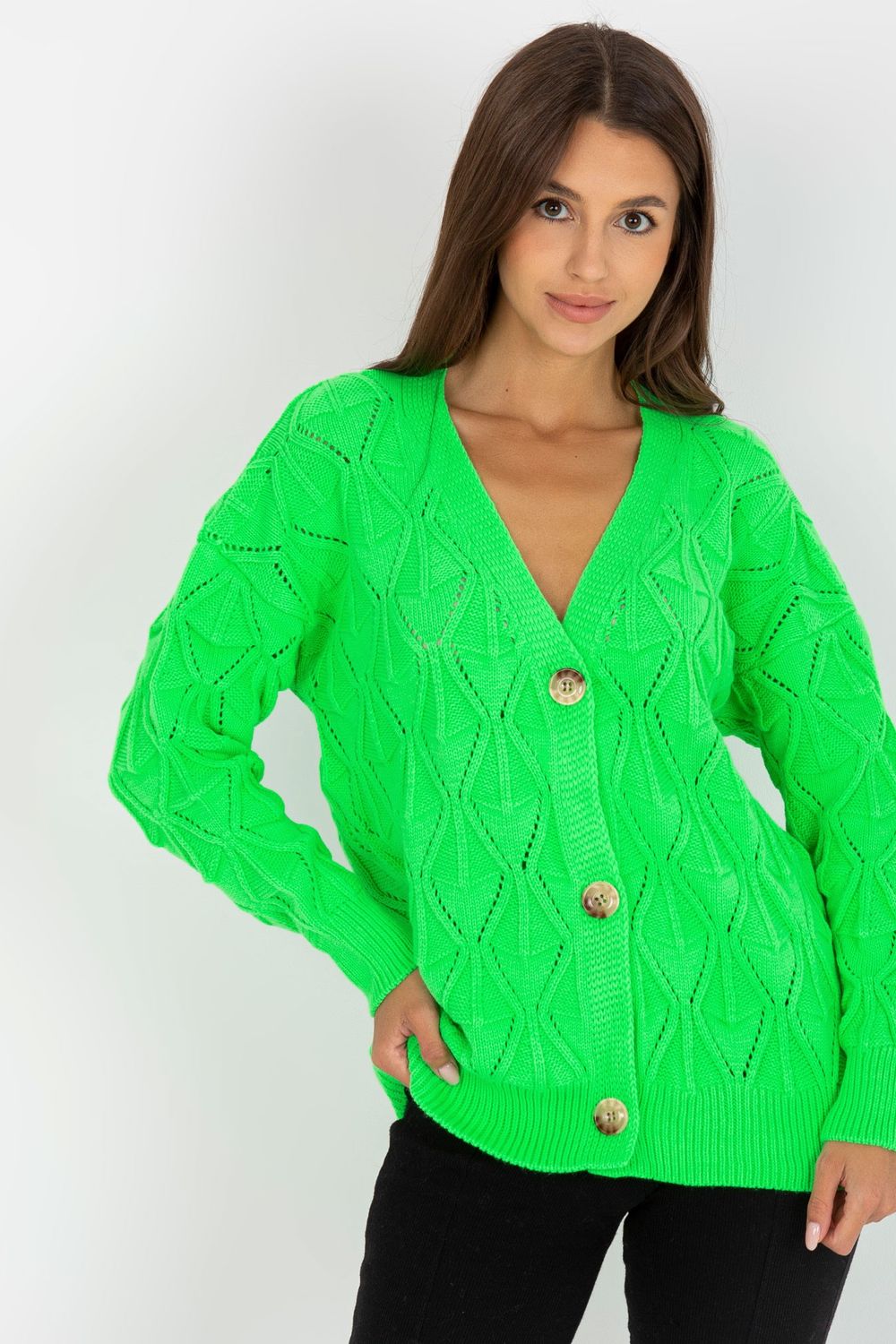 Rue Paris Neon Green Button Front Long Sleeve Cardigan