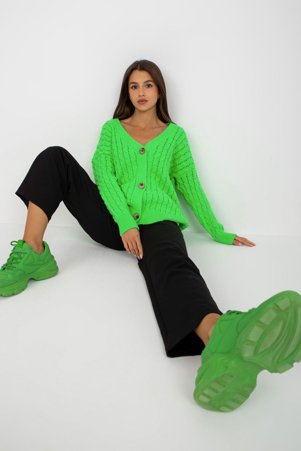 Rue Paris Neon Green Long Sleeve Cardigan - view 2