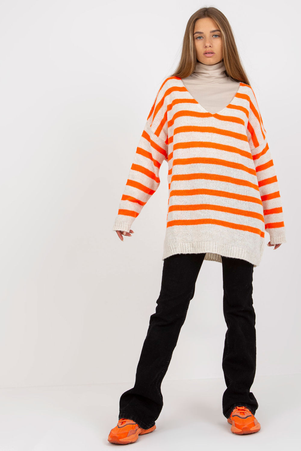 Och Bella Orange Striped V-Neck Jumper - view 2