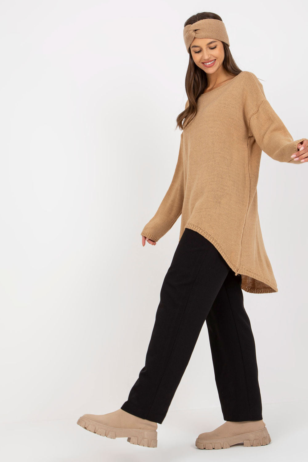 Och Bella Camel Boat Neck Long Sleeve Jumper