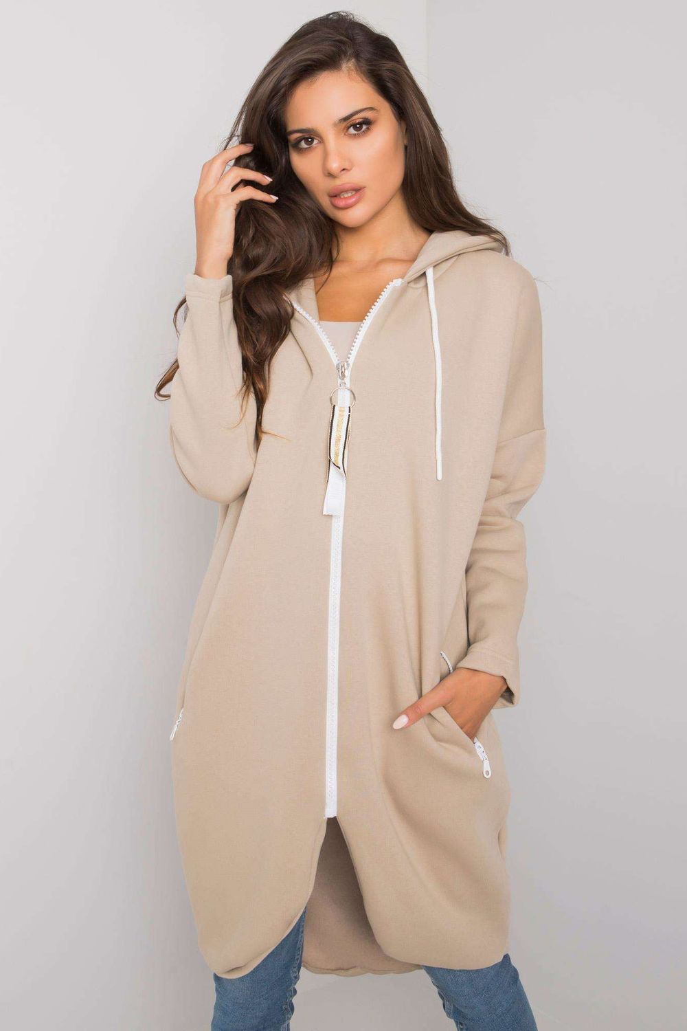 Relevance Beige Cotton Hooded Long Sleeve Sweatshirt