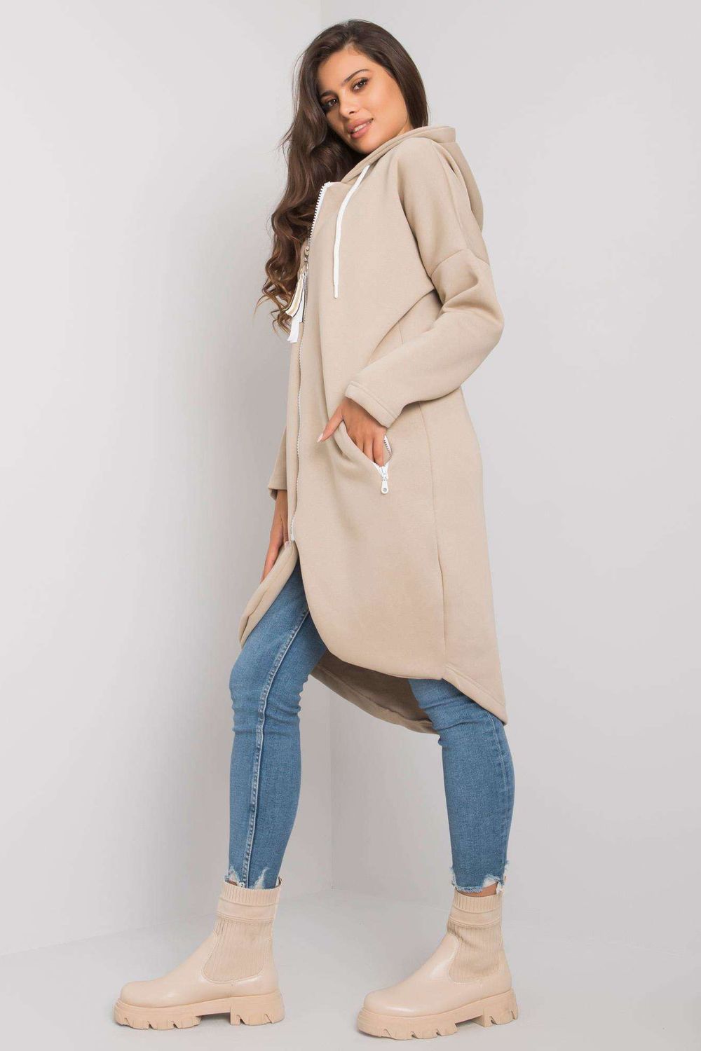 Relevance Beige Cotton Hooded Long Sleeve Sweatshirt - view 3