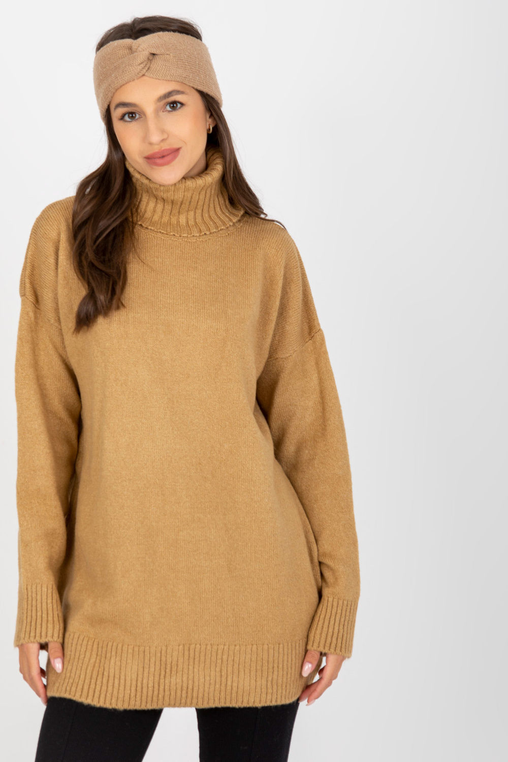 Rue Paris Camel Long Sleeve Roll Neck Jumper