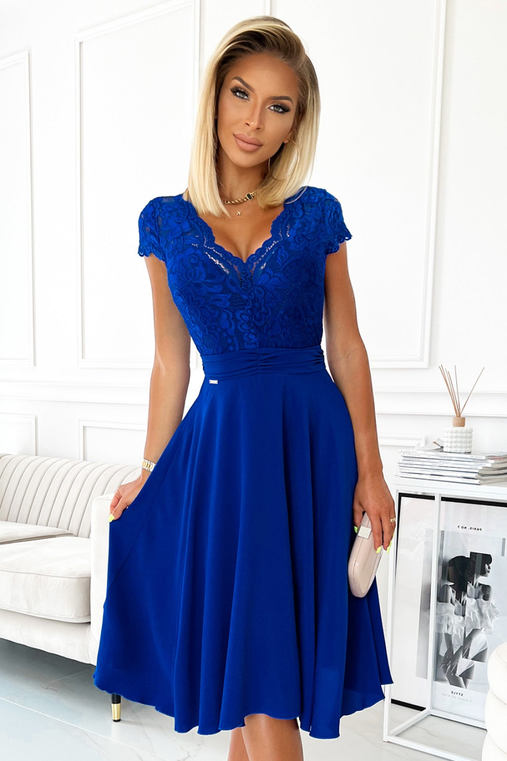 Numoco Linda Cornflower Blue Lace Short Sleeve Evening Dress