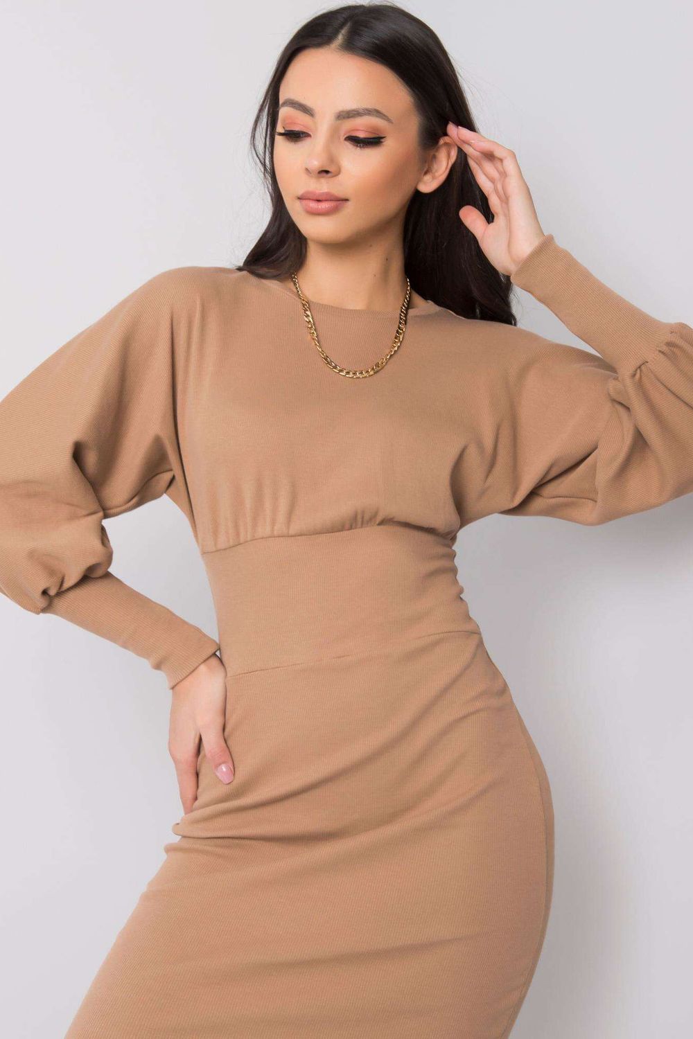 Rue Paris Beige Bodycon Long Sleeve Dress