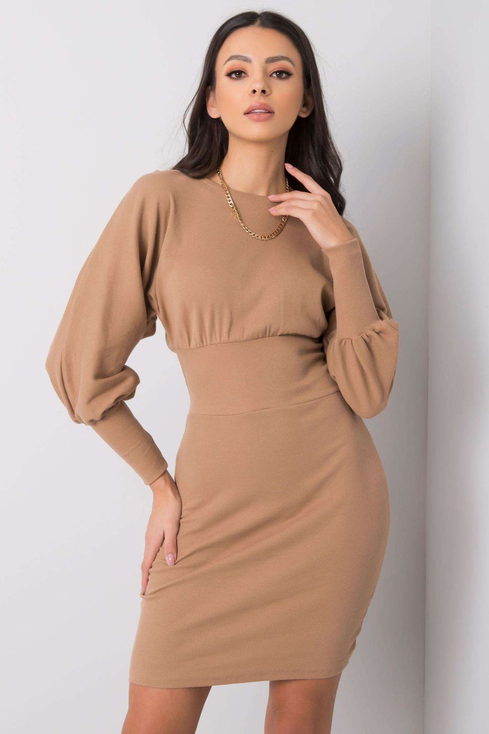 Rue Paris Beige Bodycon Long Sleeve Dress - view 2