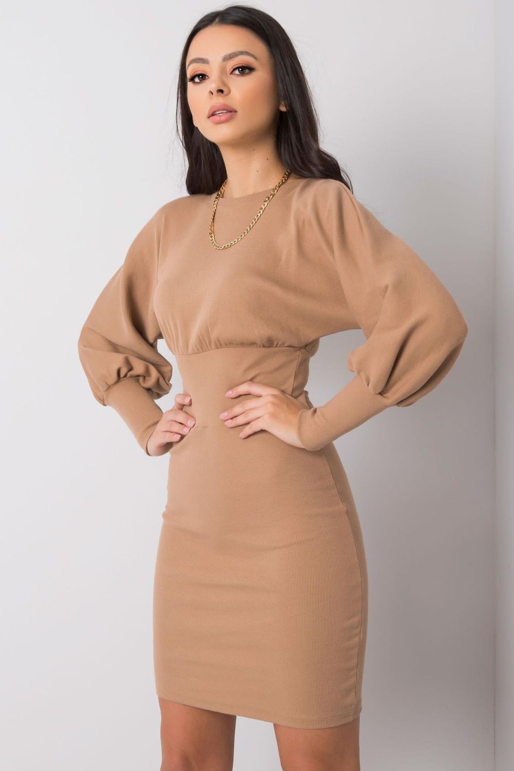 Rue Paris Beige Bodycon Long Sleeve Dress - view 3