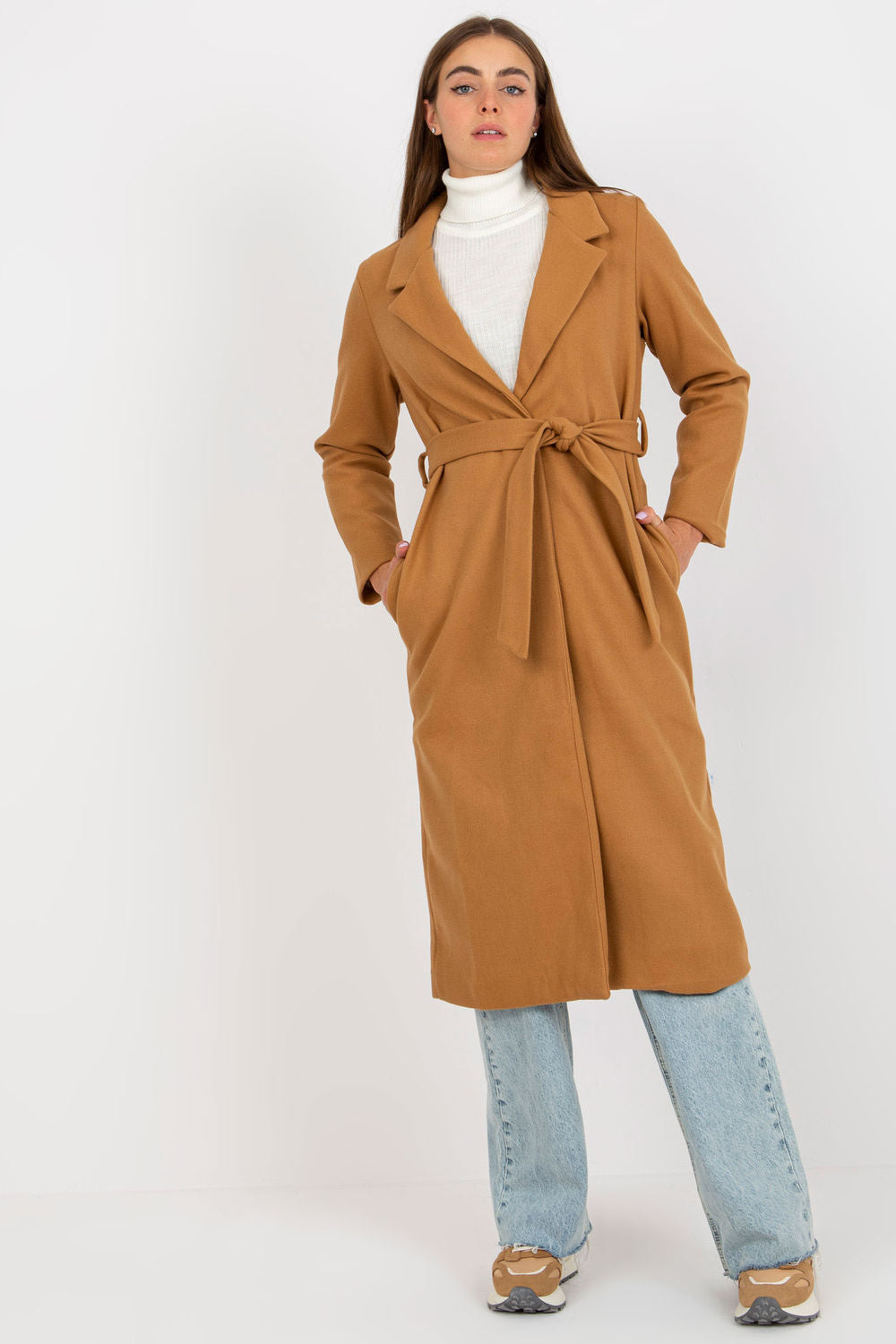 Och Bella Camel Polyester Long Sleeve Coat