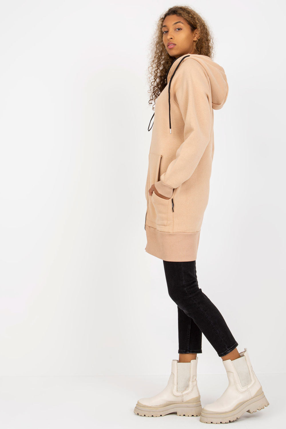 Rue Paris Beige Cotton Hooded Long Sleeve Sweatshirt - view 2