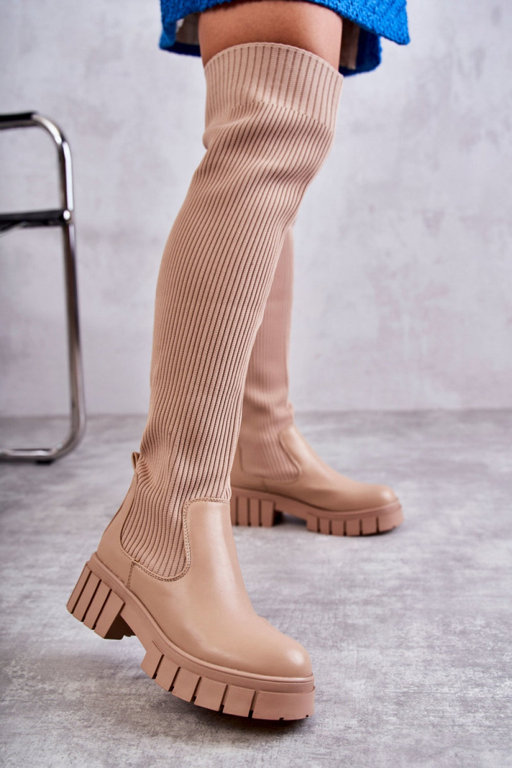 Step In Style Austin Beige Faux Leather Platform Over The Knee Boots